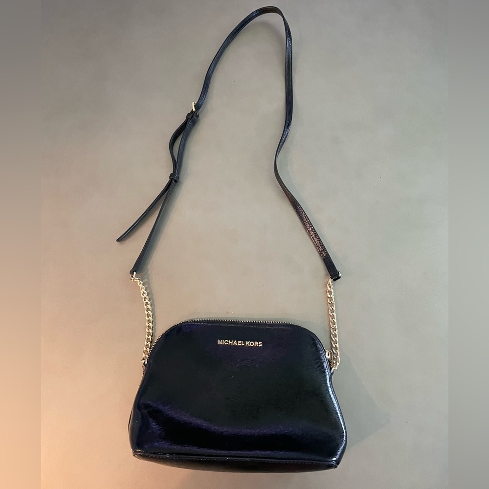 Michael Kors Black Patent Leather Crossbody Bag with Gold Accents